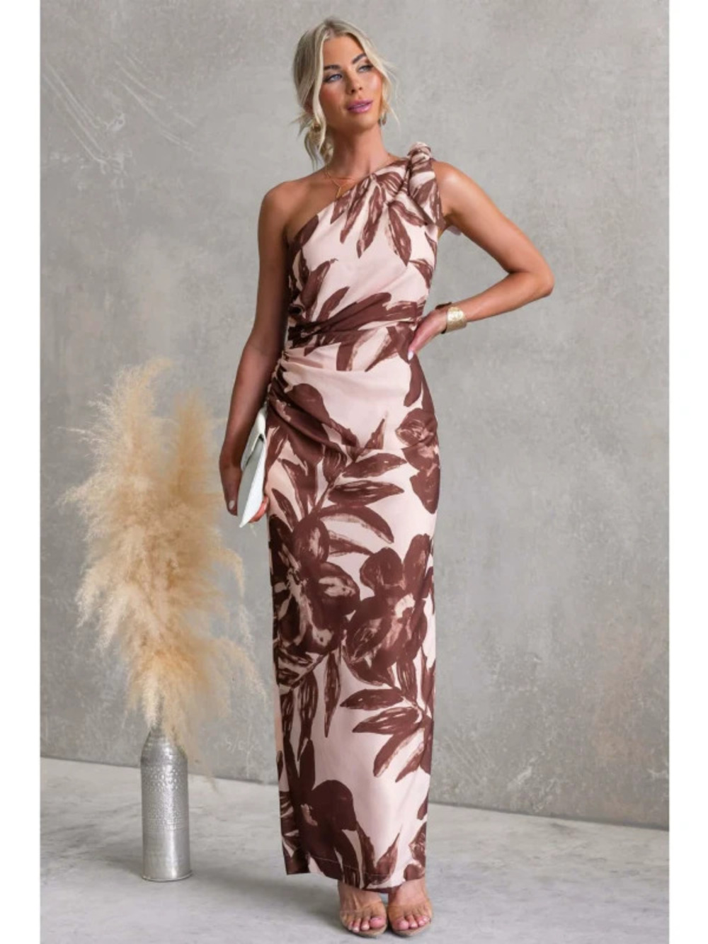 In Stock Summer Digital Print One Shoulder Midi Party Dress